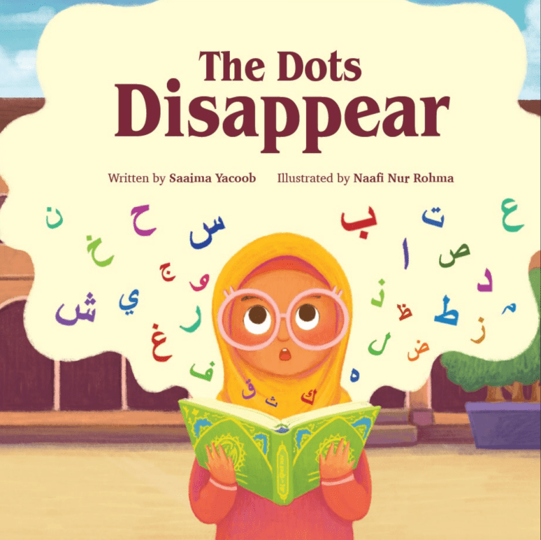 A young girl holding a book with arabic letters floating around her head 