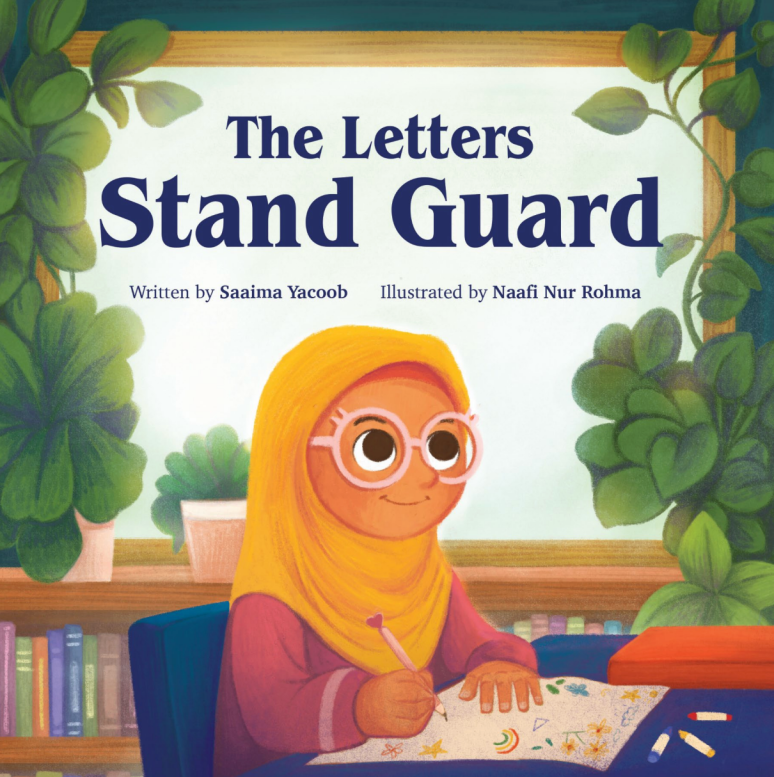 Letters Stand Guard Book Cover with young Muslim Girl coloring a sheet of paper on a table